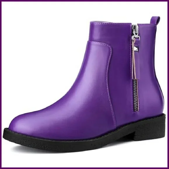 Round Toe Zipper Chunky Low Heel Ankle Boots for Women